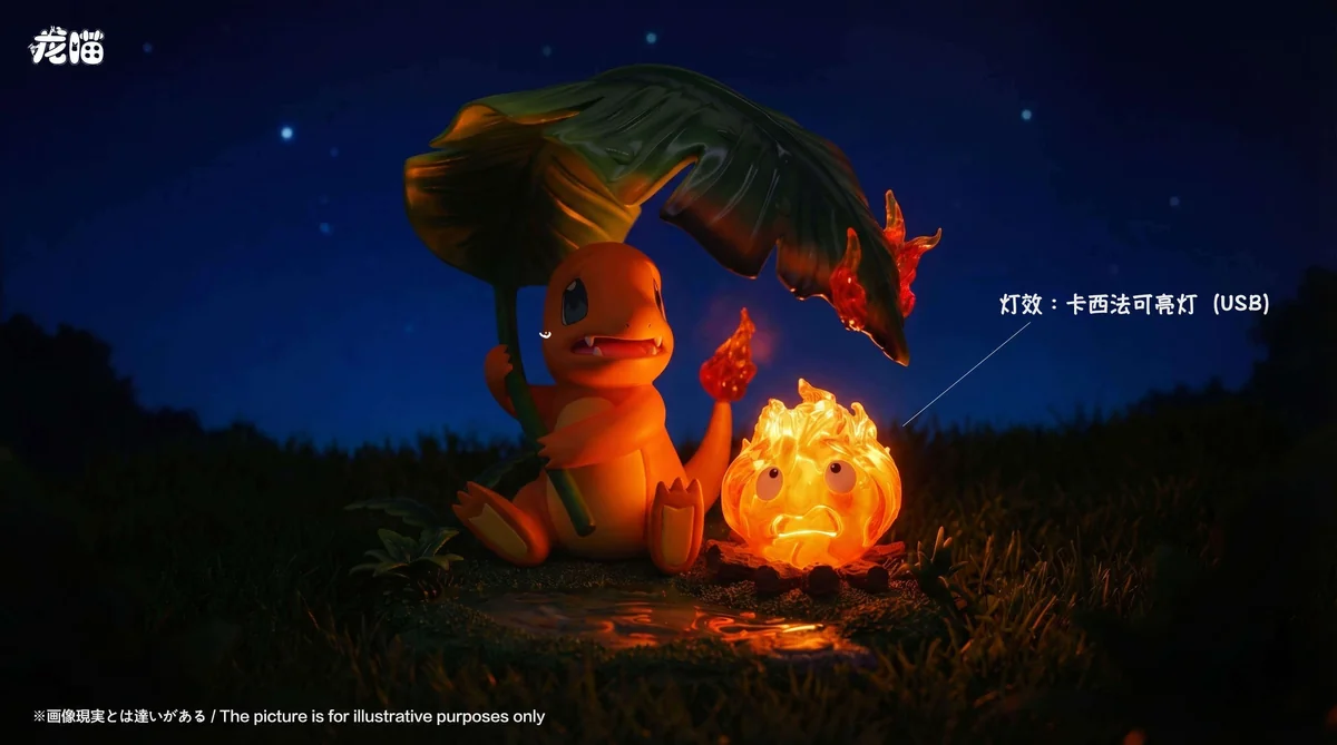 "Explore detailed angles of the artistic Calcifer & Charmander LED statue, highlighting the heartwarming rainy encounter, glowing Calcifer, and intric