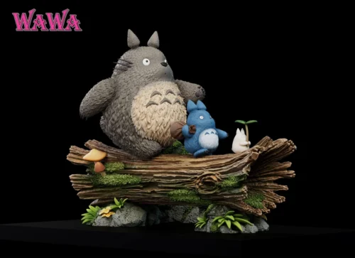 "WAWA Studio Three Totoros diorama: multiple angles reveal sculpture details of this iconic Studio Ghibli forest scene."