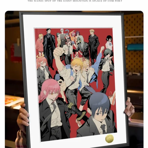 "Close-up of the vibrant Chainsaw Man characters group illustration. This high-quality, limited edition decorative painting highlights the dynamic art