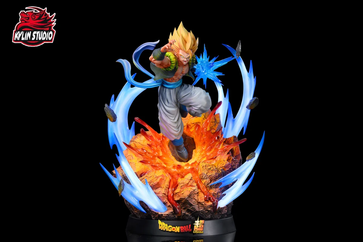 "Limited Edition Gogeta Super Saiyan Blue LED statue. Dynamic Kylin Studio sculpt with frozen energy and powerful light-up aura."