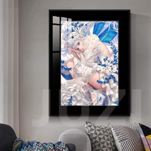"Close-up of the original Water Blue Dream anime art print, highlighting the ethereal anime girl, vibrant fade-proof blue hues, and premium frame."