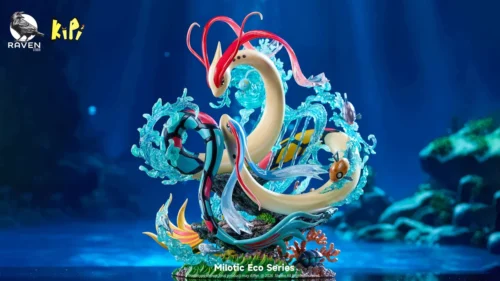 "Milotic Kipi Pokémon Resin Statue. Exclusive Kipi collaboration aquatic masterpiece. Serene figure, glowing sprites, pearl accents, various angles."