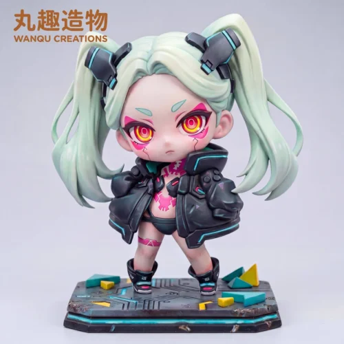 "Dynamic Q-version Cyberpunk Rebecca figure, captured from multiple angles. Observe vibrant rebellious style and intricate premium resin & PU sculpture."