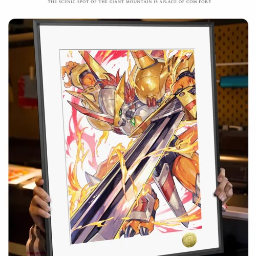 "Dynamic WarGreymon painting details from Huang Gua Studio, showcasing vibrant art and sleek alloy frame. A limited edition Digimon art print."