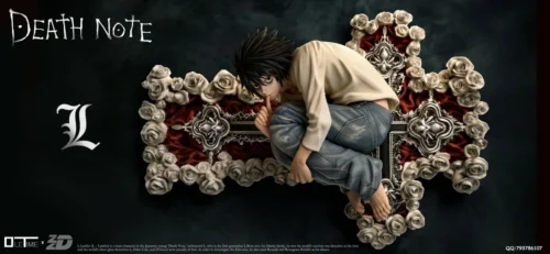 "Limited edition premium 1/6 L Lawliet Death Note resin statue. Iconic sitting pose, magnetic, dark aesthetic."