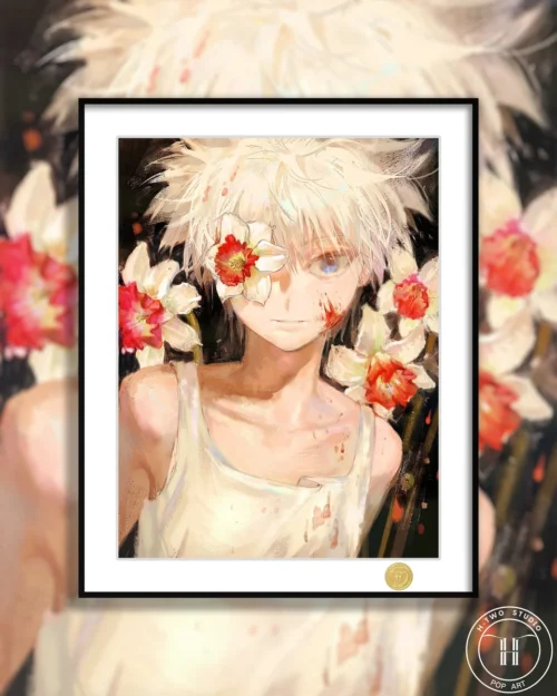 "Premium Framed Floral Dreamscape Killua Zoldyck Art Print from Hunter x Hunter, an exclusive limited edition collectible."