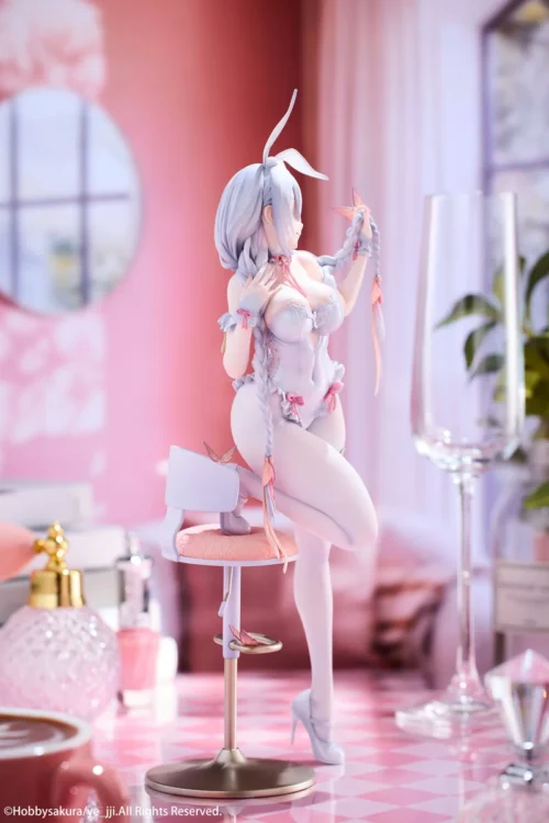 "Exquisite White Rabbit Mary Original Statue by Hobbysakura Studio, showcasing intricate costume details and dynamic pose from a unique angle."