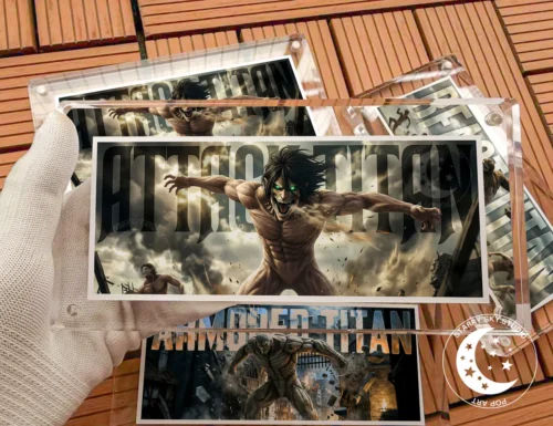 "Gallery views of limited edition Nine Titans Attack on Titan fine art prints, revealing stylized details and premium acrylic finish."