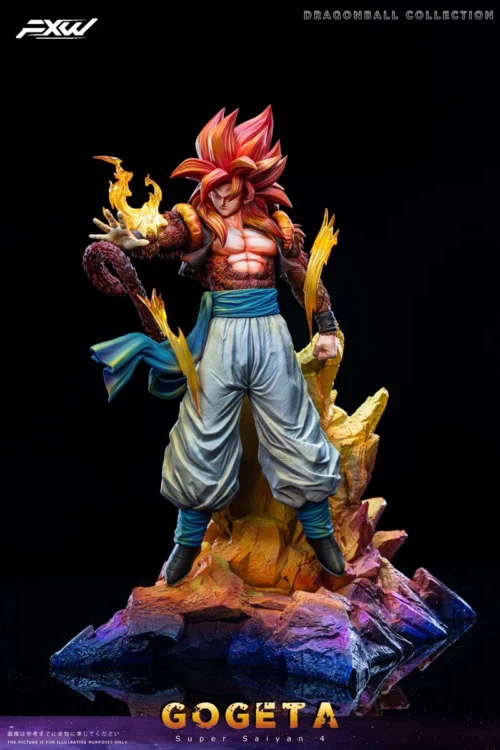 "Exclusive 1/6 scale SSJ4 Gogeta Dragon Ball statue. See dynamic poses, intricate sculpting details, and powerful battle aura from various angles."