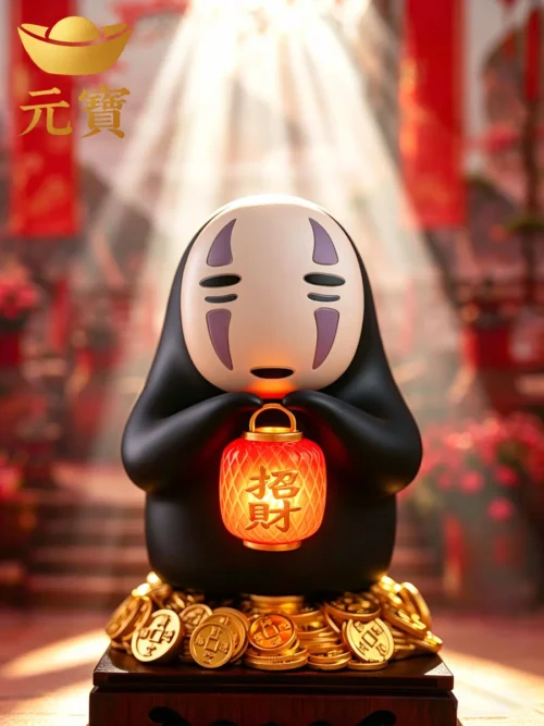 "Playful Lucky No-Face LED figure gallery. Chibi Spirited Away statue holds a golden ingot, illuminated from various angles, showcasing intricate detail."