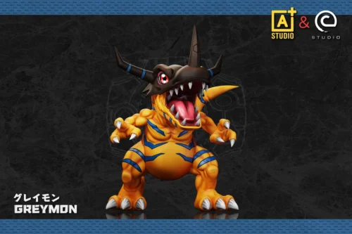"Dynamic Greymon (Original & Dark Version) Digimon Adventure statue. Intricate sculpting, vibrant and dark color variations, and premium details."