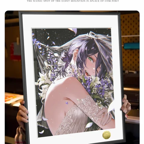 "Limited edition Reze wedding dress art print, a Chainsaw Man decorative painting showcasing elegant illustration details and her subtle bomb devil."
