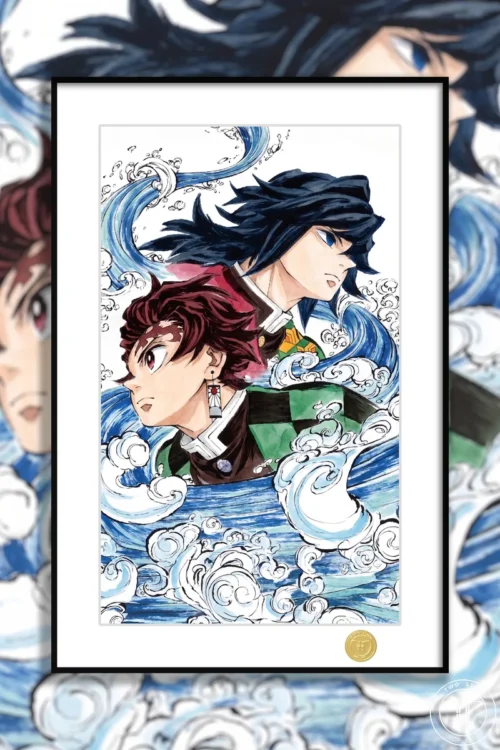 "Premium framed Demon Slayer art print featuring a dynamic, vivid illustration of Giyu and Tanjiro. A limited edition collectible."