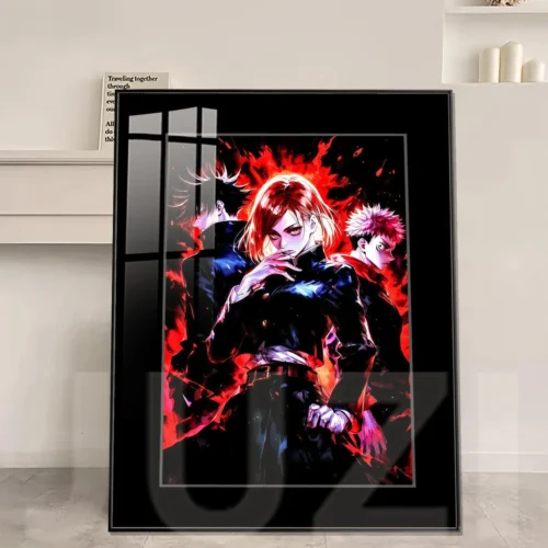 Premium framed Jujutsu Kaisen trio art print. Dynamic portrait of Yuji, Megumi, and Nobara, a vibrant decorative painting for fans.