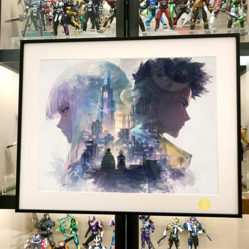 "Premium archival Cyberpunk Edgerunners Lucy silhouette art print, showing detailed angles of its sleek metal frame and cosmic cityscape."