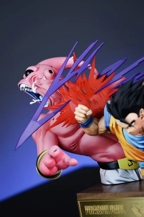 "Close-up of the limited edition WarXjackie Studio 1/8 Mystic Gohan vs Majin Buu Dragon Ball Z battle bust statue, showcasing intricate sculpting."