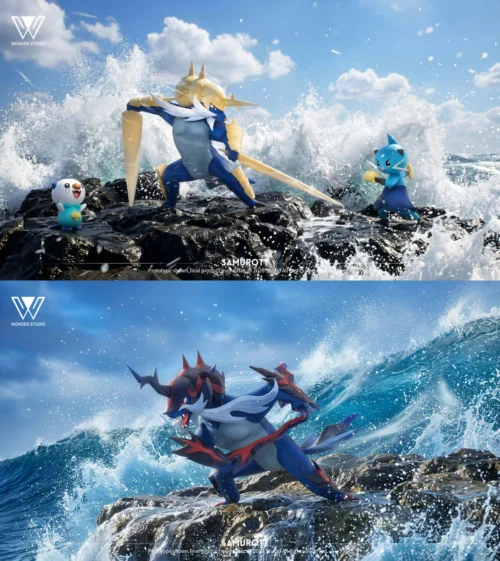 "Premium Wonder Studio Pokémon Samurott evolution set statue. Dynamic sculpts of Oshawott, Dewott, and majestic Samurott display."