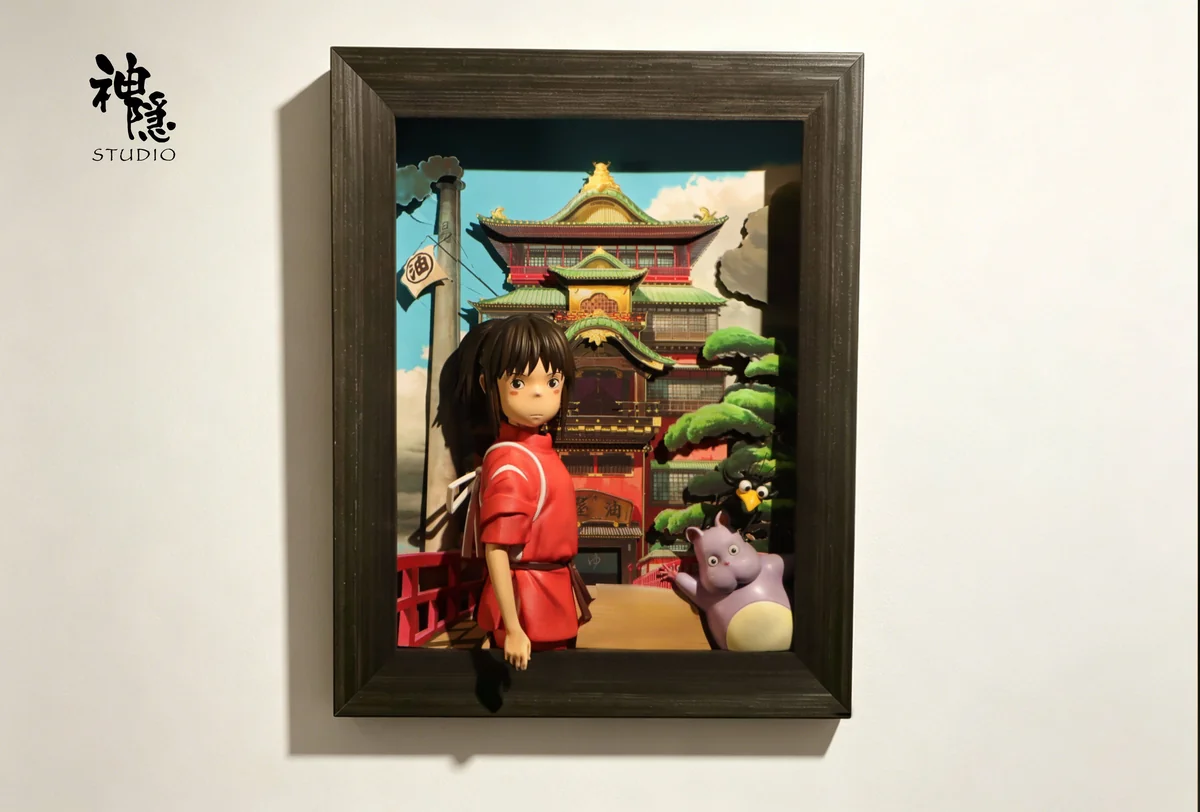 "Premium Spirited Away wall art diorama featuring Chihiro and Bo, capturing the iconic bathhouse scene as Chihiro enters the spirit world."