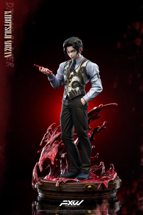 "Demon Slayer Muzan figure detail reveals his regal, menacing pose, dynamic blood effects on shattered base, premium resin, and magnetic assembly."