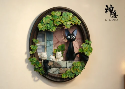 "Heartwarming Kiki's Delivery Service Jiji resin statue. Main image depicts Jiji and kittens nestled under eaves, a serene Ghibli-inspired wall art.“