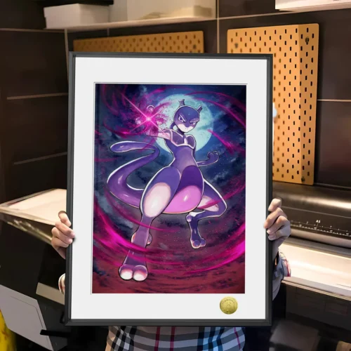 Premium framed Mewtwo Pokemon art print, dynamically capturing its intense psychic presence and power. This limited edition painting is a high-quality painting.