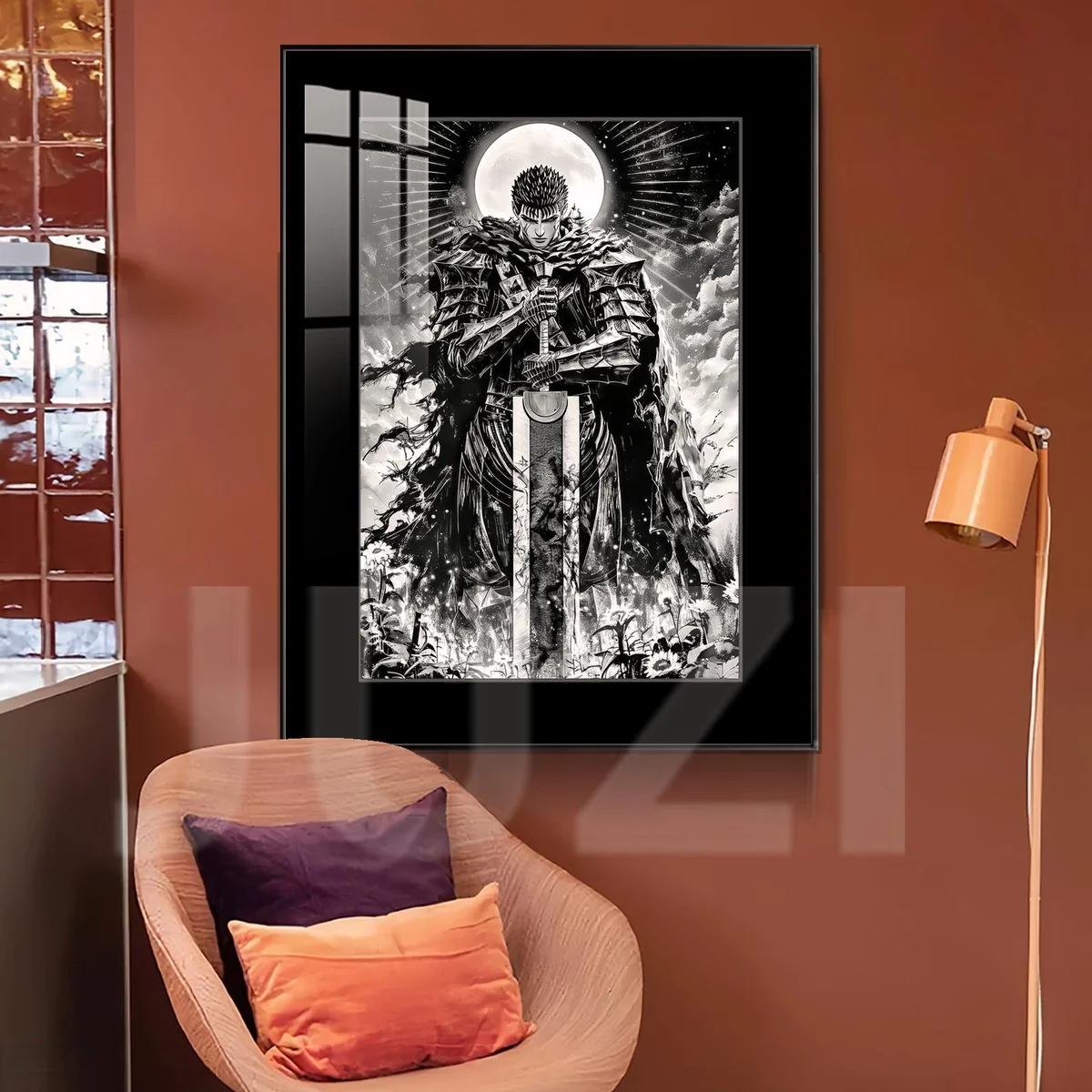 "Guts decorative painting from Berserk, featuring dynamic angles, detailed UV print, and the premium fade-resistant finish within its alloy frame."