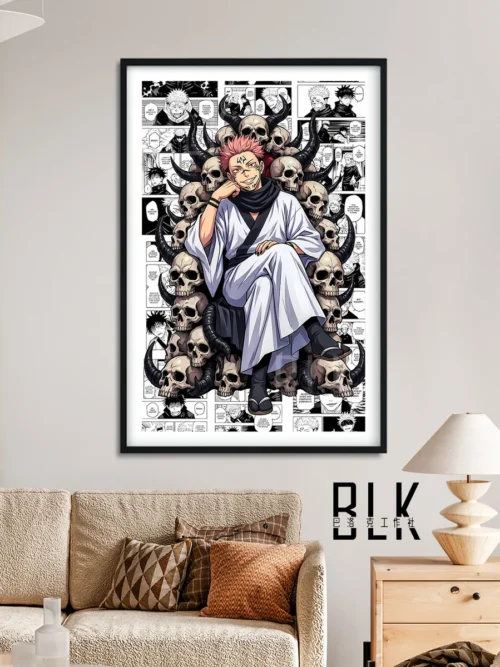 "Premium Jujutsu Kaisen Sukuna art print, a dark and opulent Baroque painting revealing his formidable presence on an elaborate throne, richly detail."