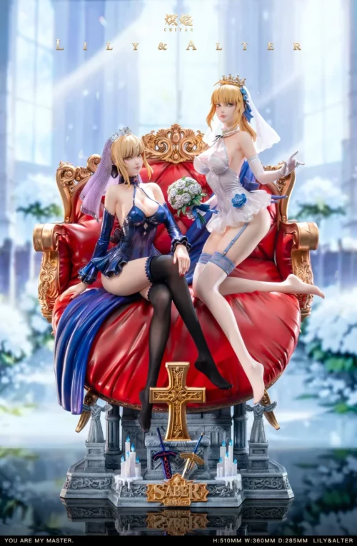 "Exquisite 1/4 scale Fate Saber Bride Lily & Alter statue main image, showcasing elegant bridal fantasy with real fabric and stunning dual-character."