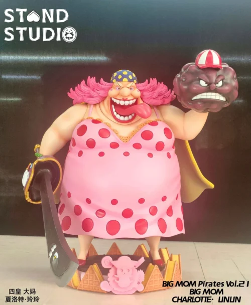 "STAND Studio One Piece Big Mom Charlotte Linlin statue, showcasing her massive scale, intricate sculpt from a unique angle, and dominant, menacing pr