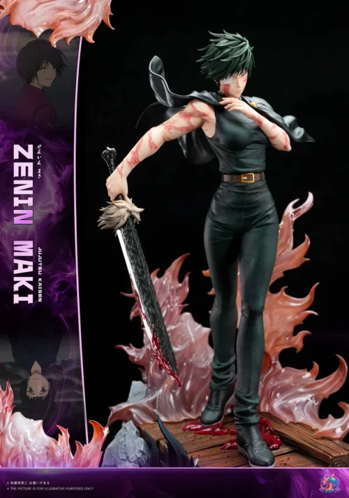 "Maki Zenin Jujutsu Kaisen figure, ultra-limited. Dynamic dual-katana pose, battle scars, interchangeable parts. Detailed from all angles."