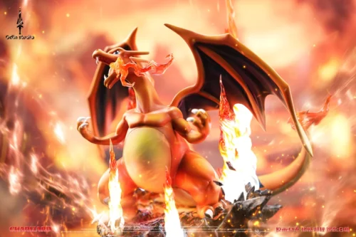 "Iconic Charizard Pokémon resin statue by Odin Studio, showcasing dynamic fiery details, vibrant LED lights, and impressive sound effects."