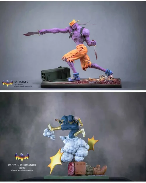 "Dynamic Captain Commando, Mummy, and Ninja statue by Toys Evolution Studio, a vibrant retro arcade game tribute capturing classic action."