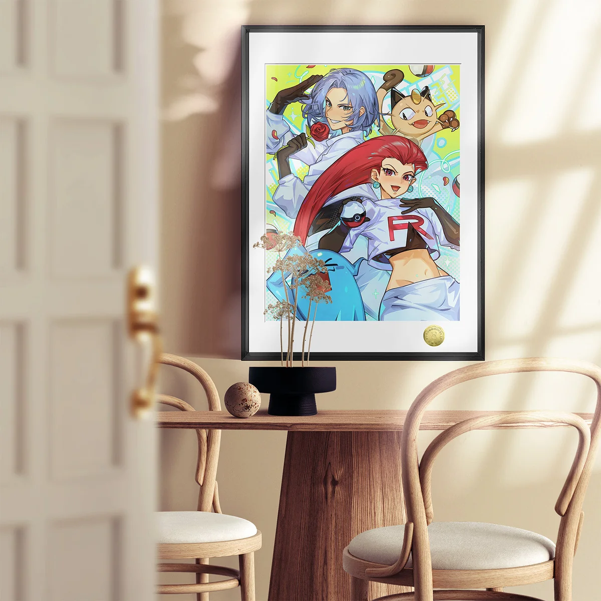 Close-up of the limited edition Pokemon Team Rocket art painting, showcasing Jessie, James and Meowth's vibrant, mischievous poses in stunning details.