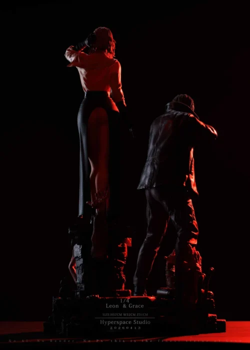 "Detailed views of the 1/4 Leon & Grace Resident Evil resin statue. Premium, ultra-limited with intricate sculpting and gritty realism."