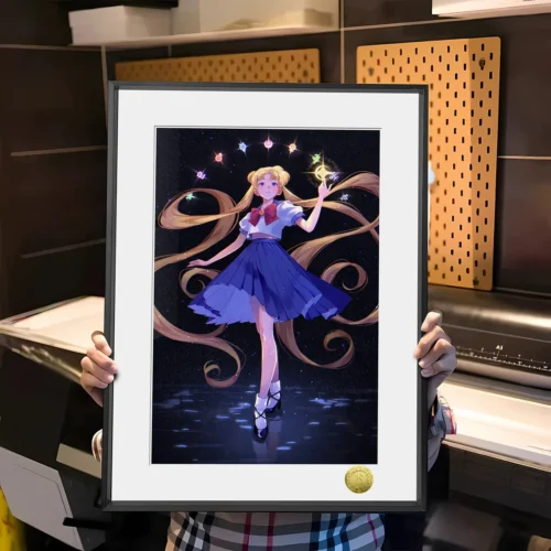 Limited Edition Sailor Moon art print featuring Usagi Tsukino's iconic pose under moonlight. A premium, hand-numbered fan art decorative painting.