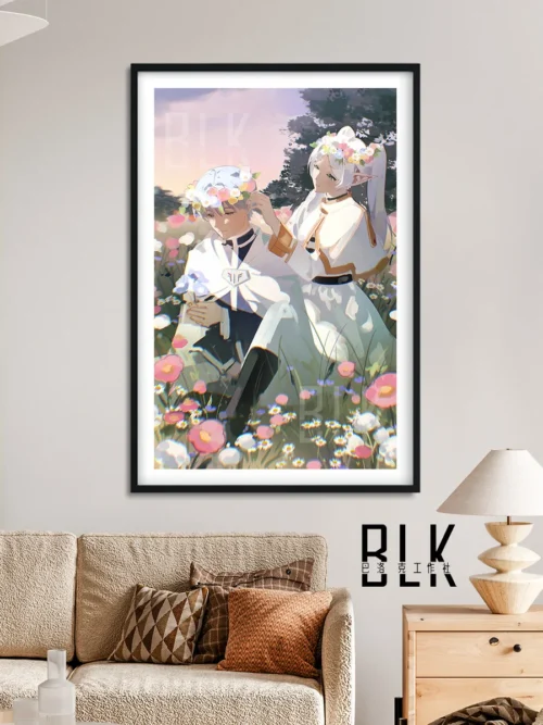 "Elegant Frieren with Flowers Baroque decorative painting, showcasing Frieren's serene beauty and premium craftsmanship from various artistic angles."