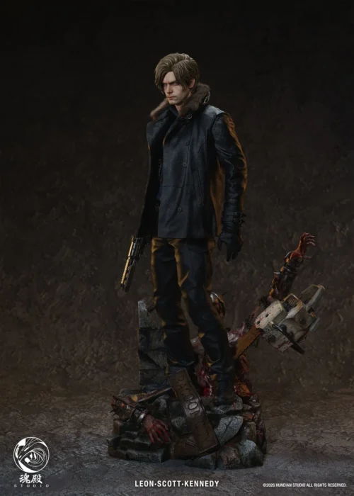 "Gallery of the premium 1/4 scale Leon S. Kennedy Resident Evil statue by Soul Palace Studios, showing gritty determination, realistic fur."