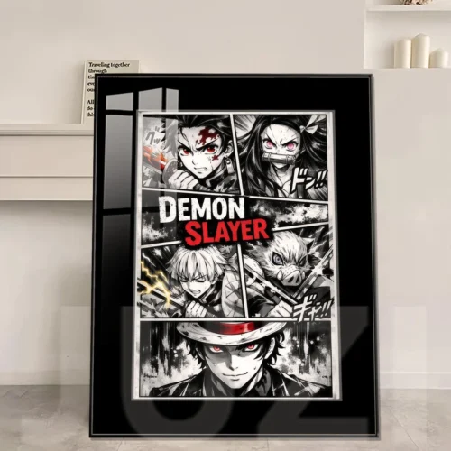 Dynamic main image of premium framed Demon Slayer black and white manga slice art, showcasing iconic characters with artistic intensity.
