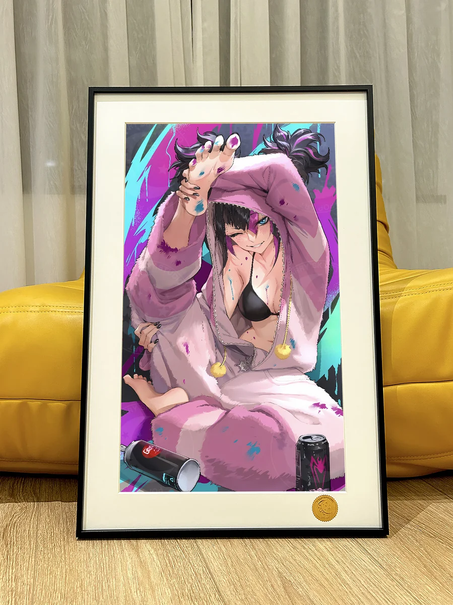"Vibrant, limited edition Juri Han graffiti art print. This hand-numbered Street Fighter collectible showcases dynamic cosmic urban elements."