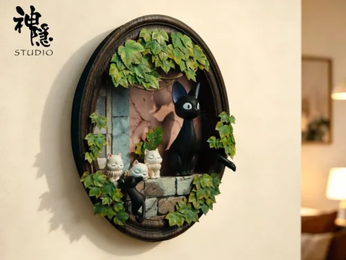 "Kiki's Delivery Service Jiji and kittens resin statue. Sculpted details of Jiji under eaves from various angles. Ghibli wall art."