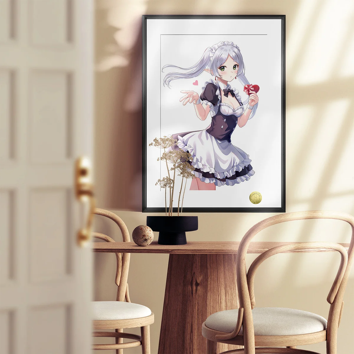 "Detailed view of the whimsical maid Frieren decorative painting, showcasing its elegant frame and hand-numbered limited edition print from Huang Gua