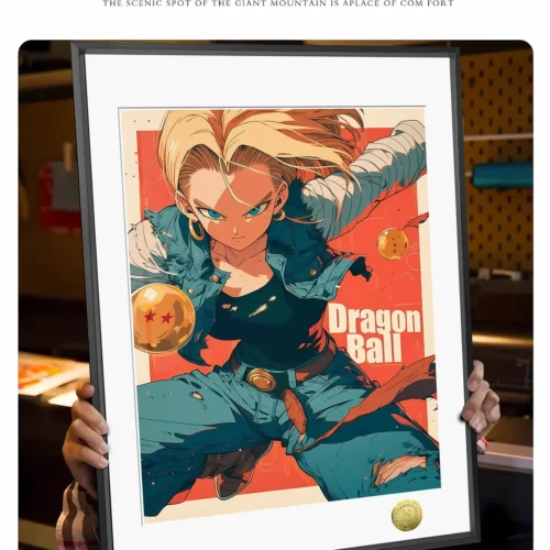 "Vibrant Android 18 Fan Art Limited Edition Print, Dragon Ball Super. Close-up highlights artistic details and the sleek metallic frame."