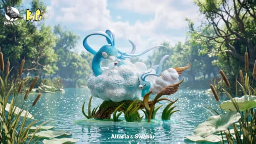 "Limited Edition Pokemon Altaria 1/20 statue. Hand-crafted PU resin masterpiece of Altaria in a serene ecosystem with water elements."