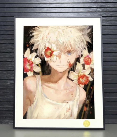 "Close-up of the Exclusive Limited Edition Hunter x Hunter Killua Zoldyck framed art print, revealing serene floral dreamscape details."