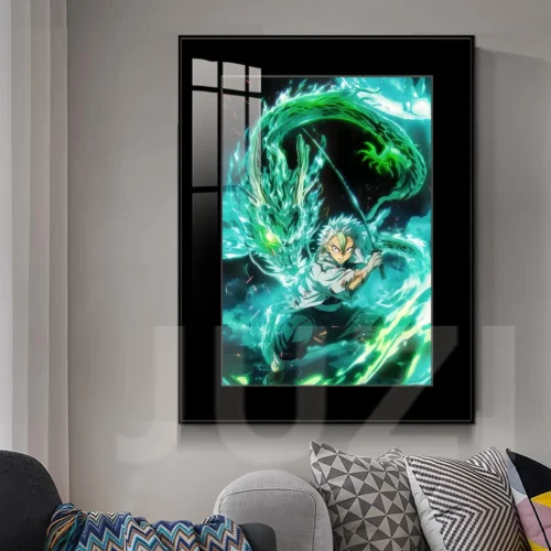 "Premium framed Sanemi Shinazugawa Dust Whirlwind Cutter painting. Fade-resistant JUZI Studio art print detailing dynamic Demon Slayer artwork."