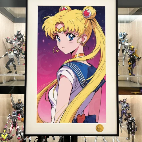 "Premium limited edition Cosmic Gaze Sailor Moon art print, detailed from multiple angles, emphasizing its elegant cosmic portrait and nostalgic gaze."