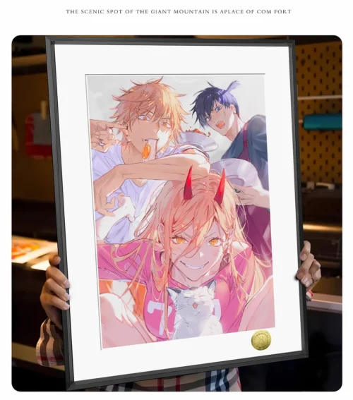 "Multiple views of the limited edition Chainsaw Man art print, showcasing Denji, Power, and Aki enjoying breakfast, highlighting its artistic details."
