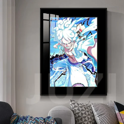 "Vibrant Luffy Gear 5: Dawn decorative painting gallery, showcasing its dynamic pose, rich colors, and intricate artistic details from various."