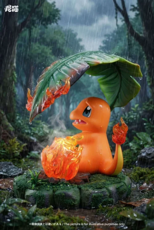 "Calcifer & Charmander LED statue details show a rainy diorama and glowing Calcifer in this iconic crossover."