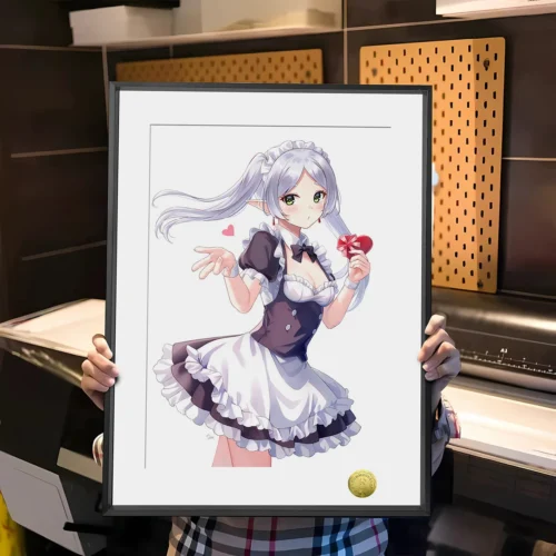 "Adorable Maid Frieren art print, a limited edition hand-numbered decorative painting from Huang Gua Studio, elegantly framed, capturing a whimsical a